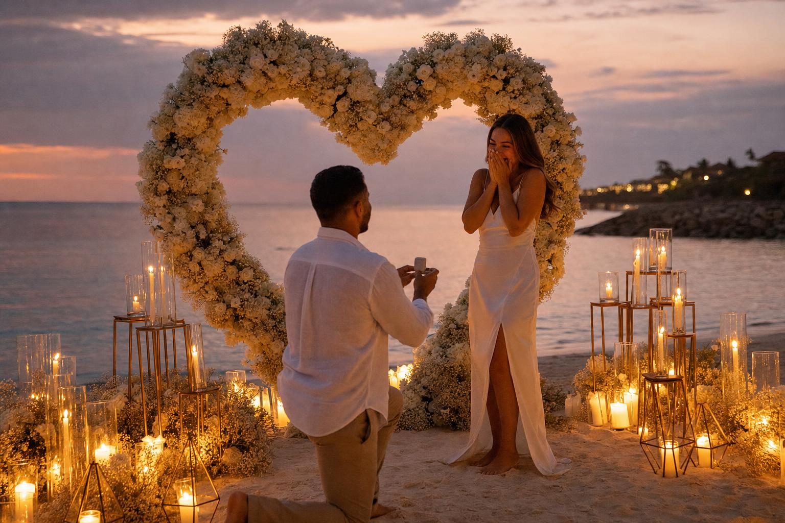 Beach proposal under a floral heart arch