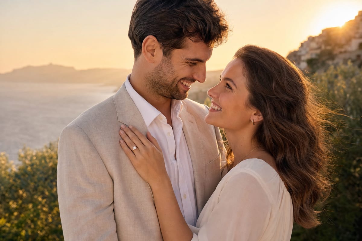A joyful newly engaged couple embracing at golden hour
