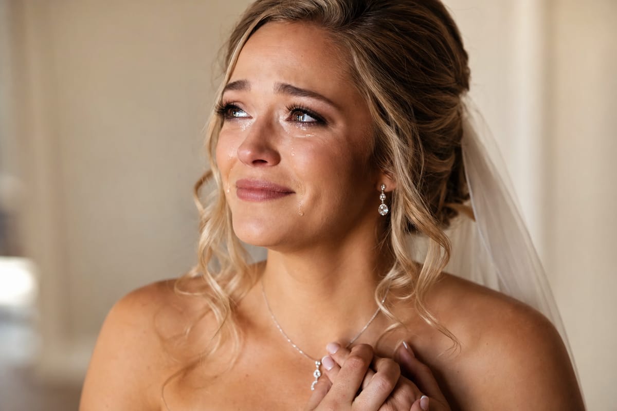 A radiant bride with happy tears, her makeup still glowing