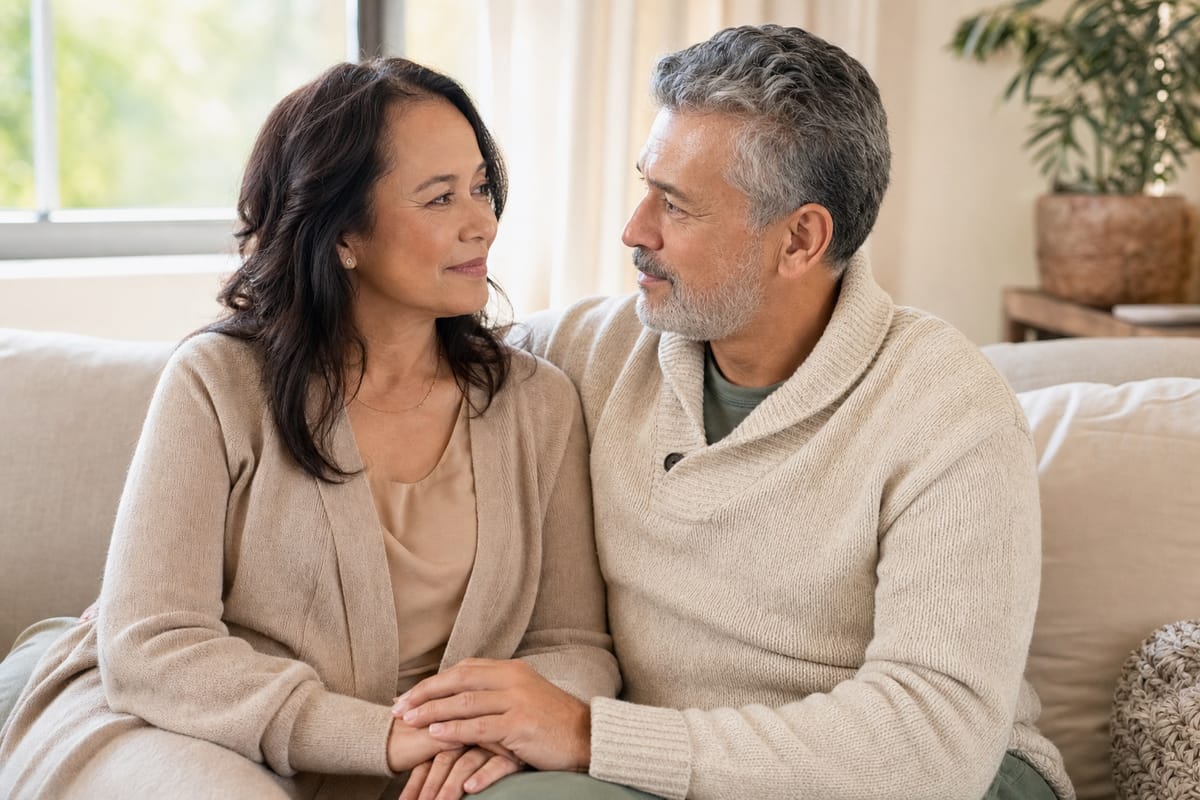 A close, trusting couple talking gently together on a sofa