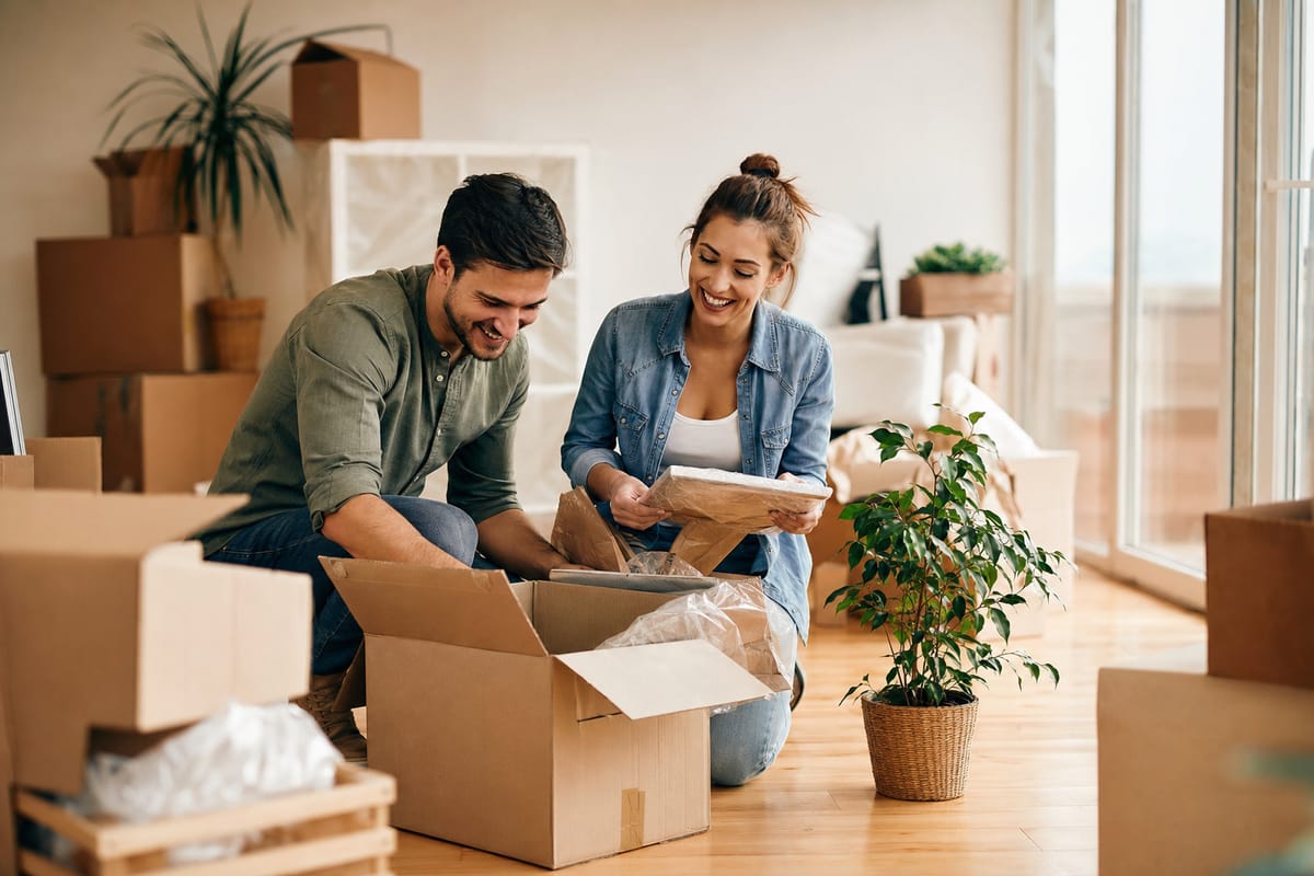 A happy couple unpacking boxes together in a new apartment