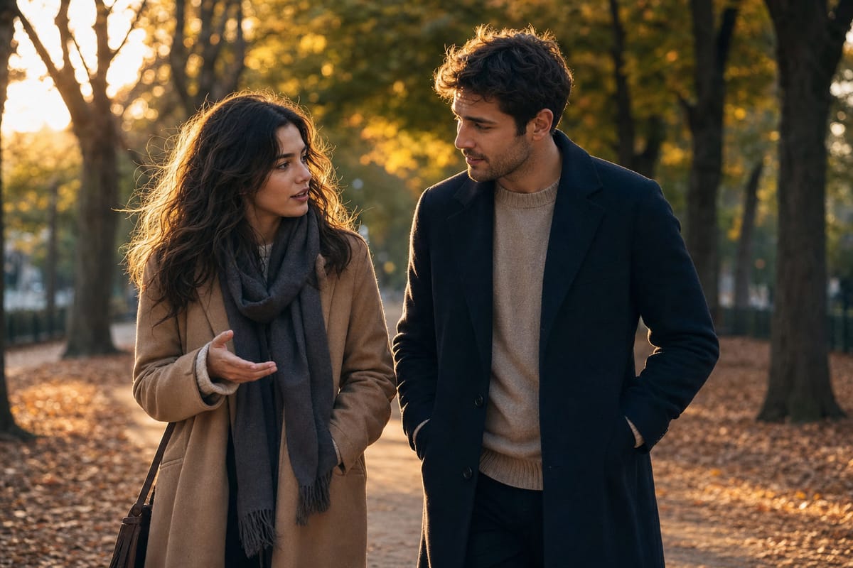 A young couple walking and talking closely along a tree-lined path