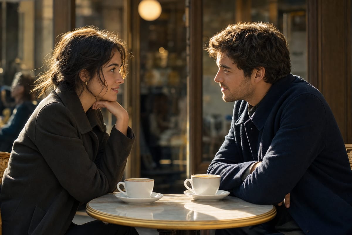A young couple in an open, relaxed conversation across a cafe table