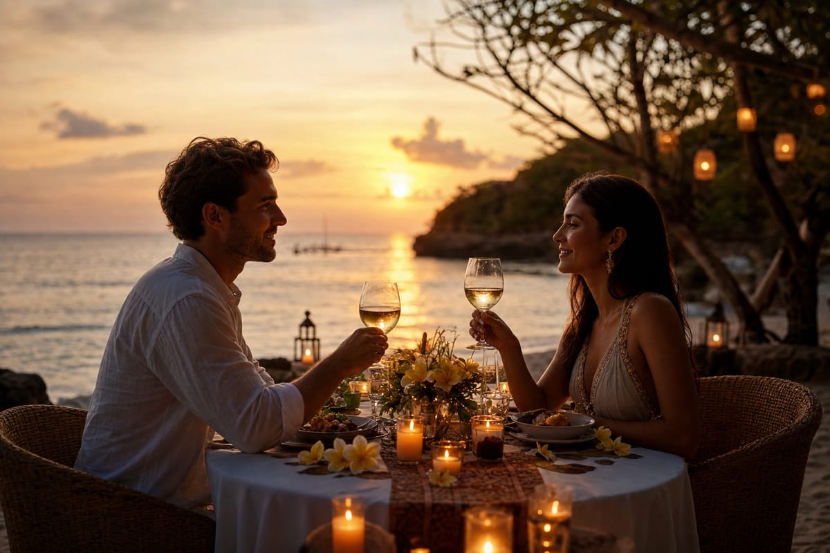 A romantic candlelit dinner for two on a Bali beach at sunset