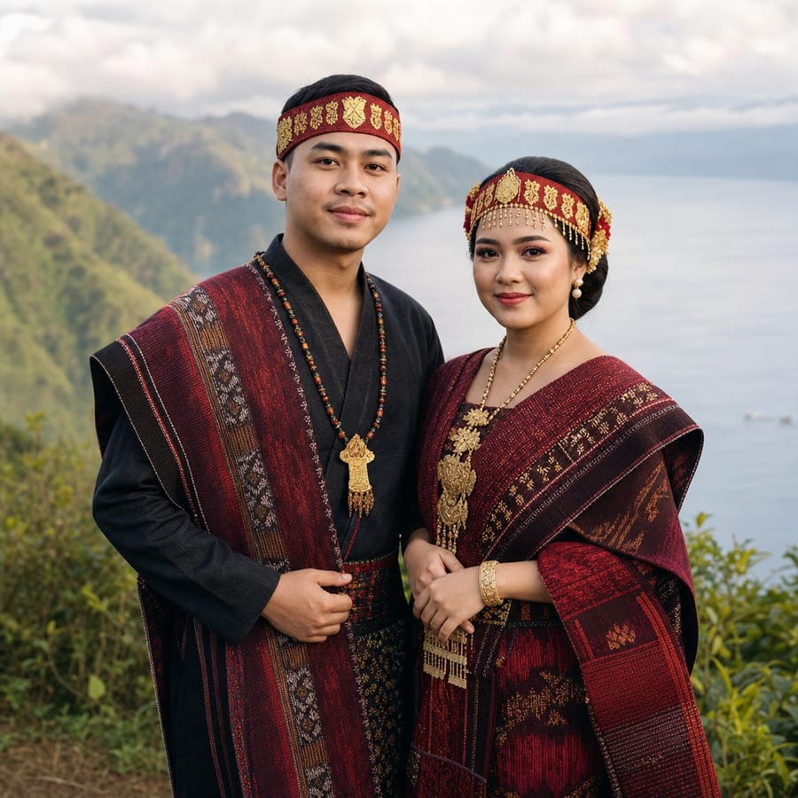 A couple in traditional Batak Toba attire with handwoven ulos cloth over the shoulders