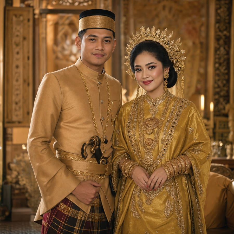 A couple in traditional Bugis-Makassar attire, the bride in a golden baju bodo with gold ornaments