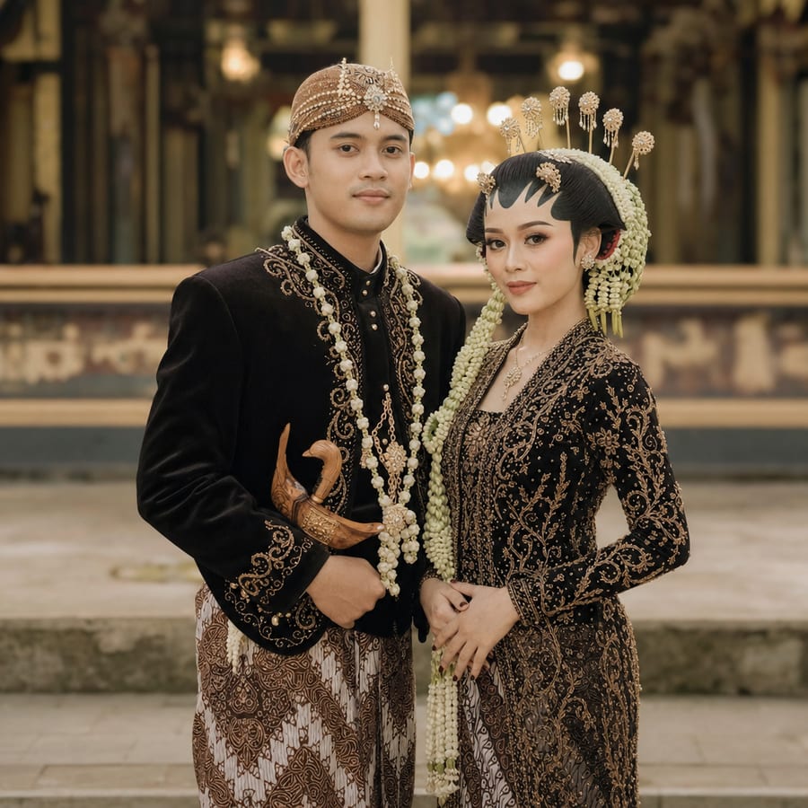 A couple in traditional Central Javanese wedding attire, the bride in kebaya with golden paes forehead ornamentation