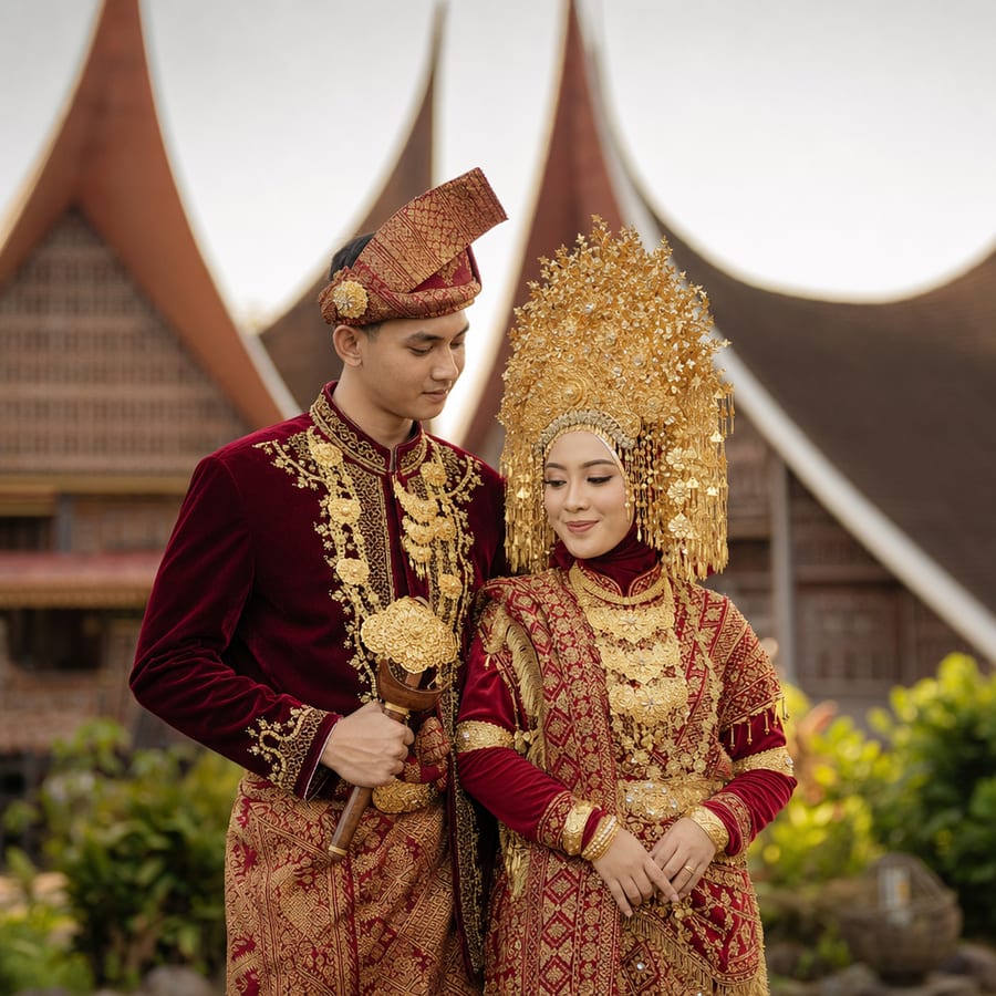 A couple in traditional Minangkabau attire from Padang, the bride wearing the tall golden suntiang headdress