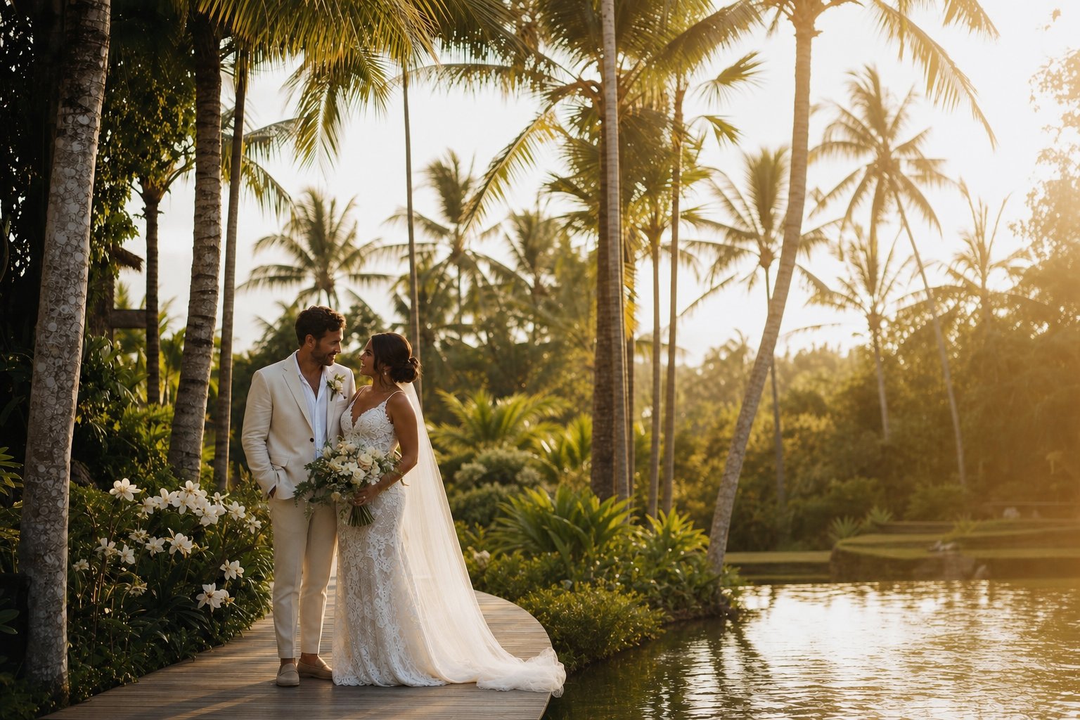 A couple on their Bali wedding day at golden hour