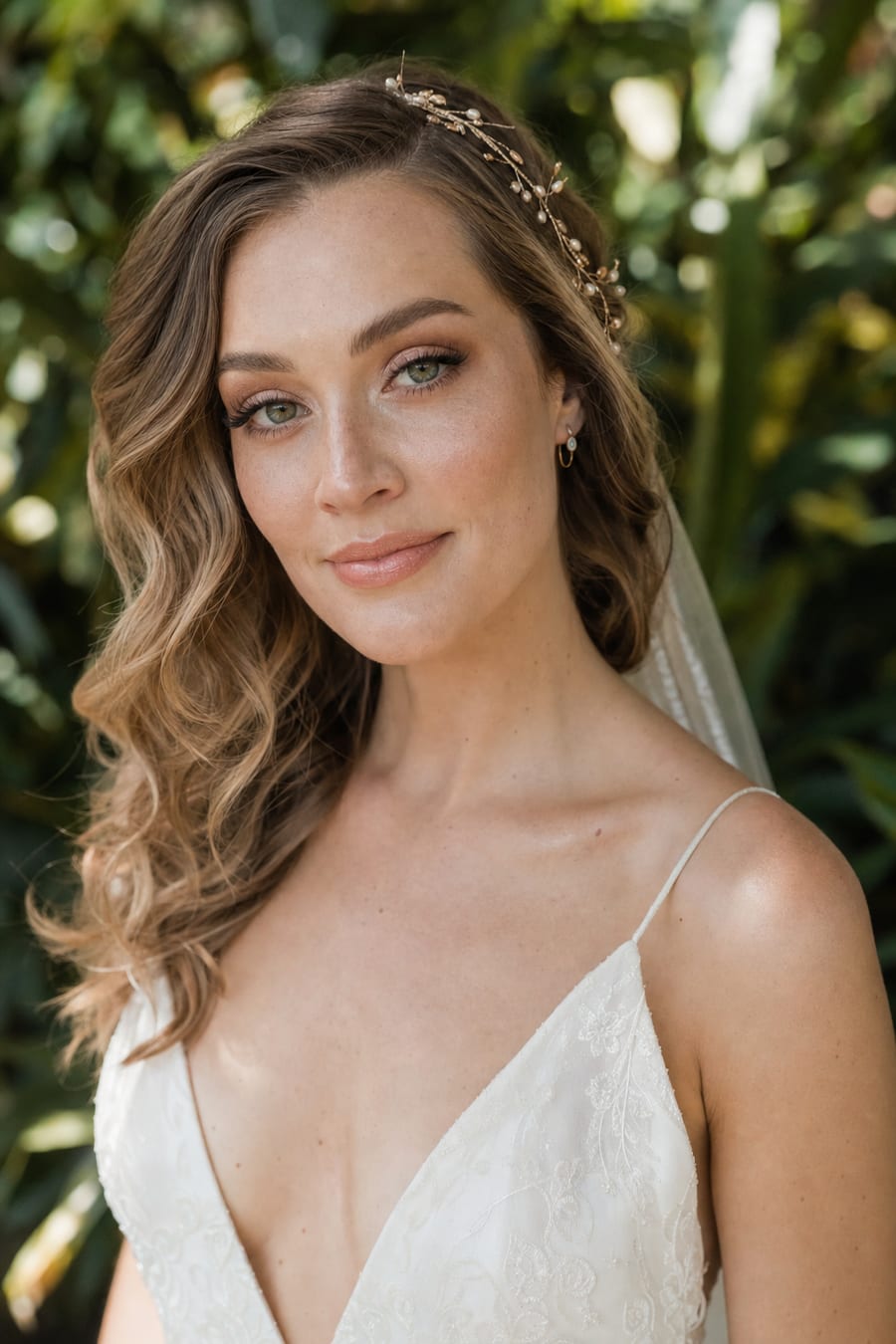 Close-up of a European bride with dark blonde soft waves, natural glam makeup and a gold hair vine