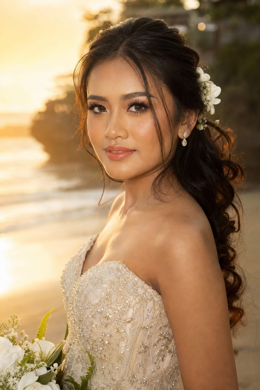 Close-up of an Indonesian bride with warm-toned smokey makeup and soft curls at a Bali beach at sunset